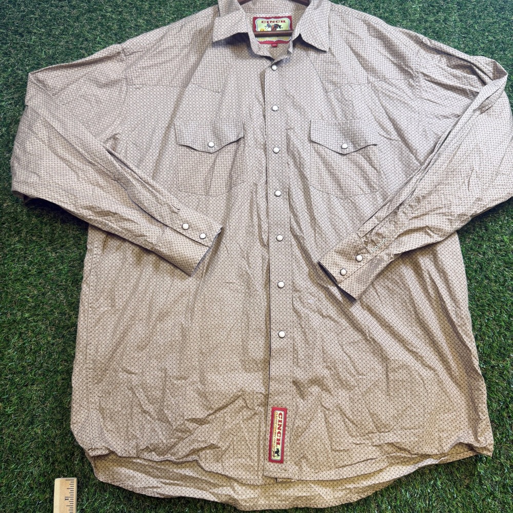 Cinch Classic Cowboy Collection Tan Geometric Pearl Snap Western Shirt Mens XXL